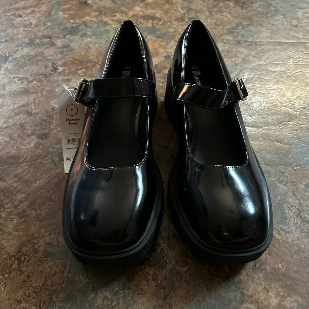 No Boundaries Chunky Mary Jane Loafer Shoes Womens Size 11 Black Loafers Buckle